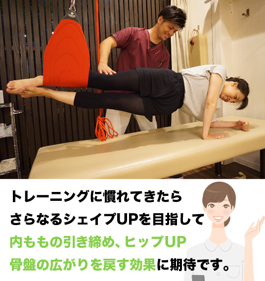 トレーニングに慣れてきたらさらなるシェイプUPを目指して内ももの引き締め、ヒップＵＰ骨盤の広がりを戻す効果に期待です。